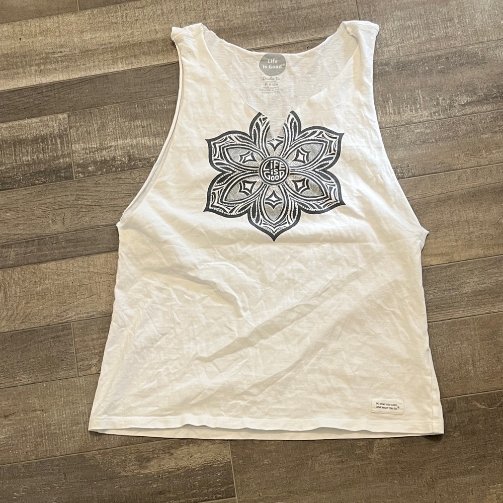 Life Is Good White Tank with Black Mandala Graphic
